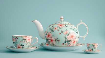 Tea Set on Soft Peach Background A rustic ceramic tea set with earthy tones, placed on a soft peach pastel background