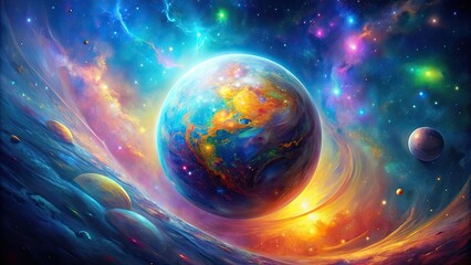 Obraz premium Abstract colorful painting of a mysterious planet surrounded by stars in modern art style, planet, abstract, colorful