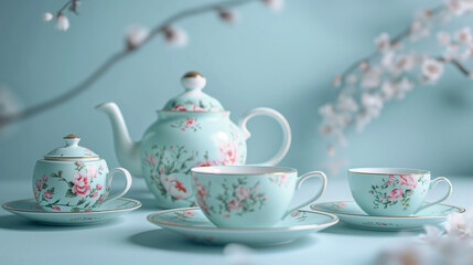 cup of tea, Tea Set on Background A tea set with floral patterns and a classic design, placed on a pastel background