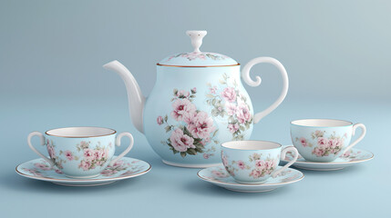 cup of tea, Tea Set on Background A tea set with floral patterns and a classic design, placed on a pastel background