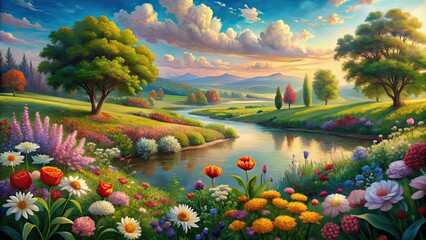 Naklejka premium A serene pastoral scene depicted in oil paintings with vibrant blooming flowers , landscape, art, painting, pastoral, beauty