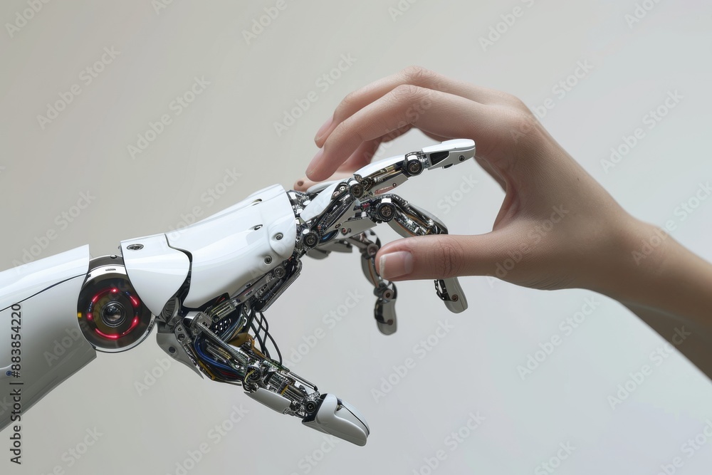 Poster image of two mechanical hands extending towards each other, representing unity, interaction of human