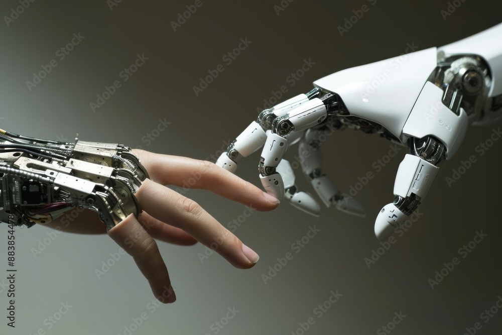 Poster image of two mechanical hands extending towards each other, representing unity, interaction of human