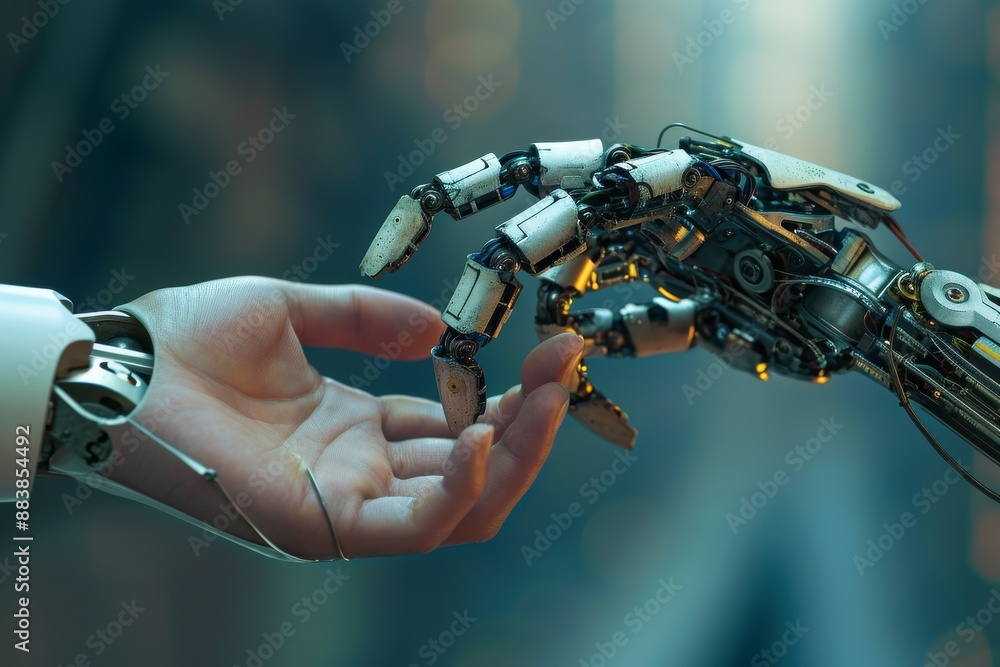 Poster image of two mechanical hands extending towards each other, representing unity, interaction of human