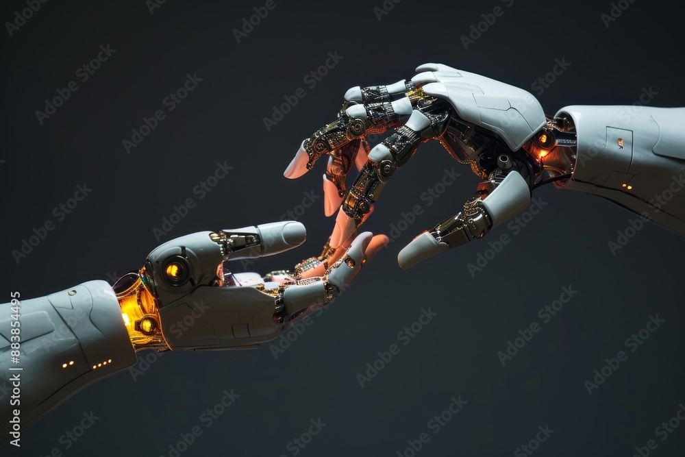 Poster image of two mechanical hands extending towards each other, representing unity, interaction of human