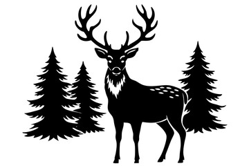 

Silhouette of a deer with pine trees and forest scenery on white background, Deer silhouette, vector illustration 
