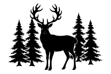 

Silhouette of a deer with pine trees and forest scenery on white background, Deer silhouette, vector illustration 
