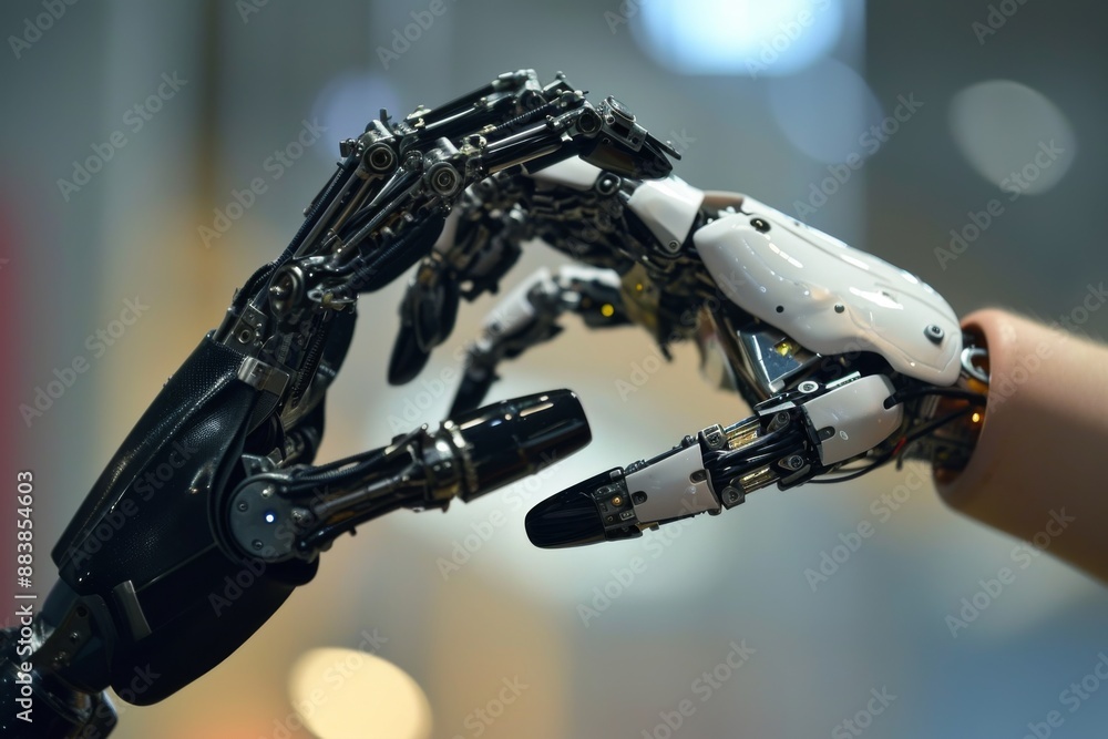 Poster interaction of human and robot hands, two robotic hands reaching out to each other, symbolizing conn