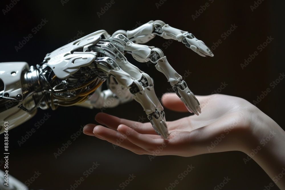 Poster interaction of human and robot hands, two robotic hands reaching out to each other, symbolizing conn