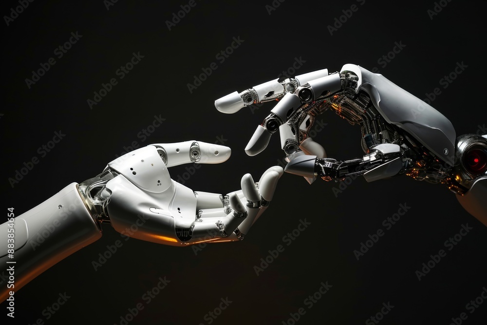 Poster interaction of human and robot hands, two robotic hands reaching out to each other, symbolizing conn