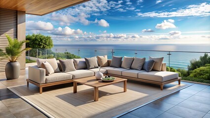 Fototapeta premium Outdoor sofa with cushions on modern house terrace overlooking the ocean , outdoor, sofa, cushions, terrace, house, modern
