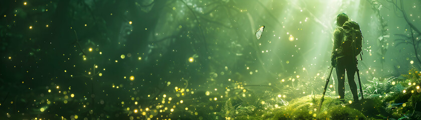 Fototapeta premium Enchanted Forest Adventure: Hiker with Walking Stick and Backpack in Magical Woods Concept for Fantasy Hiking Scene with Glowing Plants and Mystical Creatures Long Shot with Co