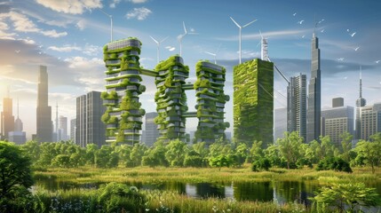 Fototapeta premium Green cities protect the environment by using renewable energy, preserving natural resources, and promoting sustainable living. This helps create healthy communities and a greener future.
