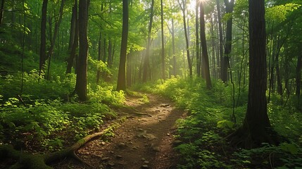 Obraz premium A lush green forest with sunlight filtering through the canopy onto a hiking trail