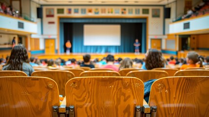 A school auditorium interior capturing a blurred background of students preparing for a performance or assembly with visible rows of seats and a stage.