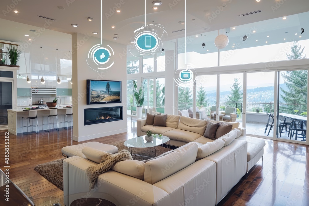 Poster an image of a technologically advanced smart home with integrated smart devices, integrated smart ho