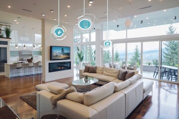 An image of a technologically advanced smart home with integrated smart devices, Integrated smart home system controlling everything, AI generated