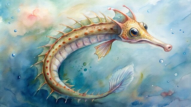 Gentle watercolor painting of a dragonface pipefish.