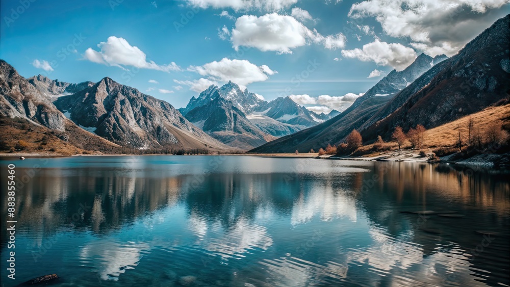 Wall mural Serene lake nestled in the majestic mountains, mountainous, landscape, water, reflection, peaceful, tranquil, nature, scenery