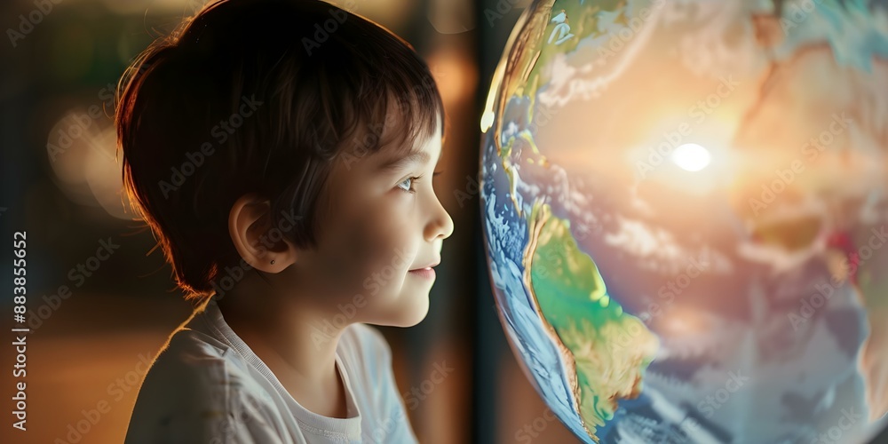 Poster child learns about the world through interactive globe display. concept interactive learning, educat