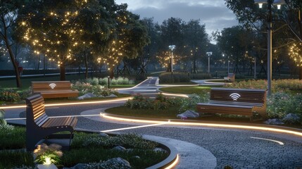Naklejka premium A smart city park with Wi-Fi benches and LED-lit walking paths