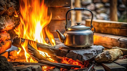 Kettle boiling over open fire in rustic setting, kettle, fire, boiling, heat, cooking, rustic, vintage, campfire, outdoor, traditional, flame