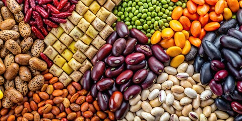 Close-up of a variety of colorful beans, including kidney beans, black beans, and chickpeas, legumes, food, healthy