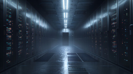 Connection network in servers data center room storage. Generative AI