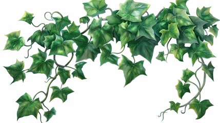 An ivy vine with lush green leaves, isolated on a white background. Anime foliage, anime background