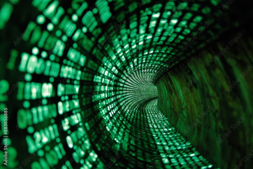 Poster infinite tunnel of binary code representing matrix, binary code and green lights in a tunnel, giving