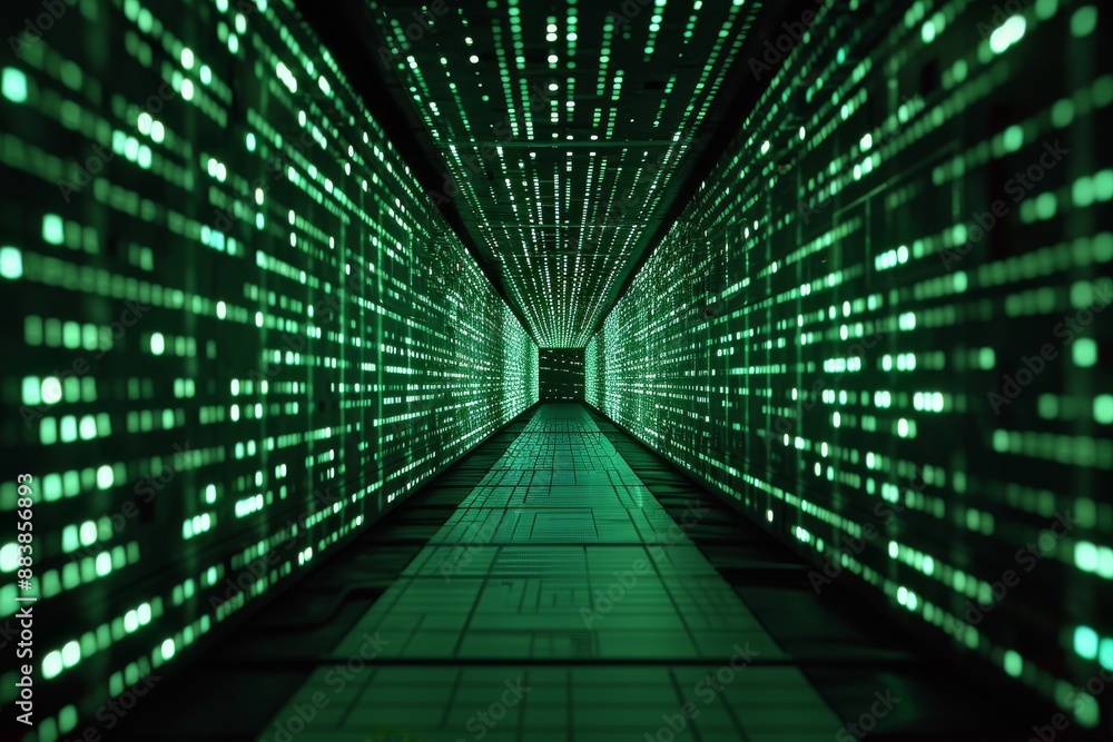 Poster infinite tunnel of binary code representing matrix, binary code and green lights in a tunnel, giving