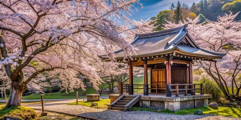 Obraz premium Secluded shrine surrounded by cherry blossoms, a peaceful sanctuary in nature, shrine, cherry blossoms, canopy, sanctuary