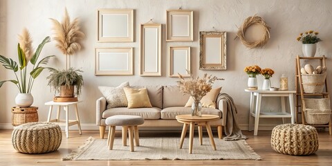 Fototapeta premium Mockup of a beige, pastel living room interior in boho style with old frames, baguette stool, stool, flowers, and decor