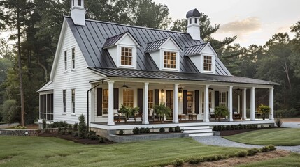 Classic white farmhouse with wrap-around porch and black metal roof created with
