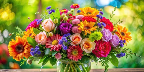 Vibrant floral arrangement with colorful blooms and greenery, blooms, flowers, bouquet, nature, petals, garden, vibrant