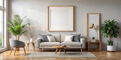 Empty picture frame mockup in modern living room with copyspace, interior, room, decor, design, blank, template, wall, home