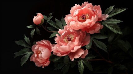 An peony bush with large pink flowers in full bloom, isolated on a black background. Anime foliage, anime background