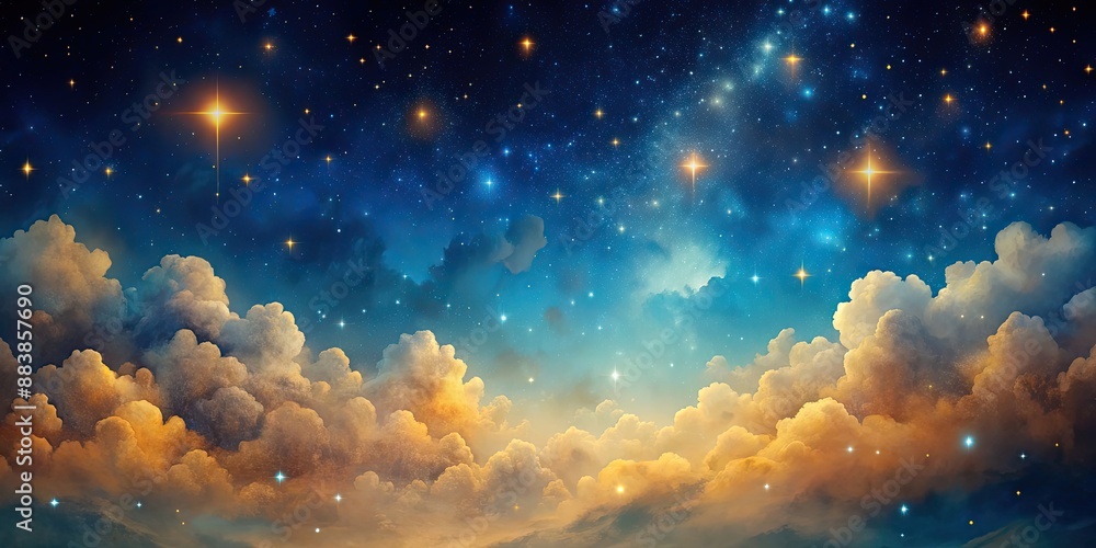 Sticker Starry sky background with dark blue and gold clouds, starry, sky, background, dark blue, gold, clouds, night, celestial