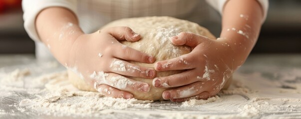 Fototapeta premium Close-up of child's hands kneading dough on a floured surface, emphasizing baking and cooking activities.