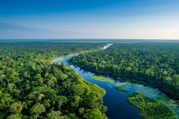 An aerial view of a winding river flowing through a dense, verdant rainforest, under a clear blue sky