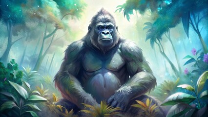 Fototapeta premium Majestic gorilla sitting in the jungle,digital, illustration, watercolor