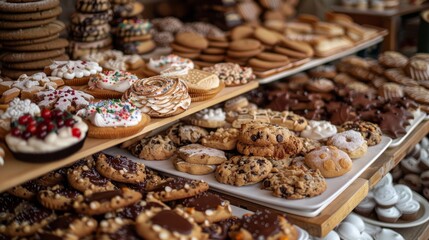 Bake sale table overflowing with holiday cookies and treats created with