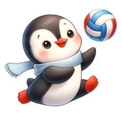 Cute cartoon penguin playing with a colorful ball, wearing a light blue scarf. Fun and playful illustration for kids and winter-themed designs.