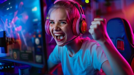 An ecstatic esports gamer celebrates victory behind the monitor reveling in her triumph at a cyberathletics competition. 