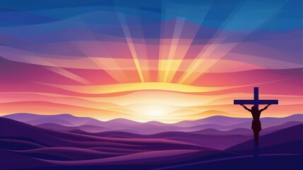 Beautiful illustration of Good Friday Jesus Christs silhouette on the cross against a stunning sunset.