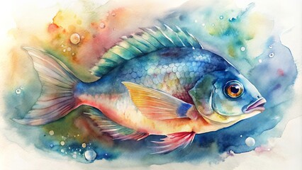 Fototapeta premium Abstract watercolor painting of a peacock cichlid.