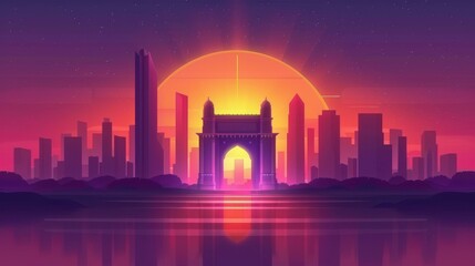 Vibrant illustration showcasing the iconic Gateway of India at sunset, perfect for Maharashtra Day celebrations.