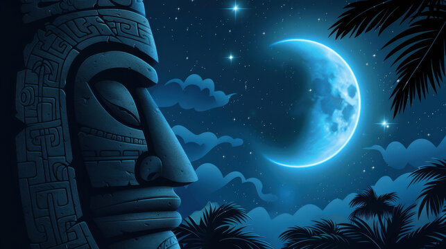 Vivid illustration depicting Nyepi, Day of Silence in Bali, with night symbols.