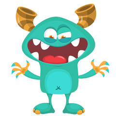 Funny cartoon monster character. Illustration of cute and happy alien creature for Halloween party decoration or package design. Vector isolated