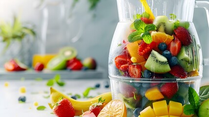Vibrant Fruit Puree Blended in a Transparent Glass Container with Fresh Ingredients